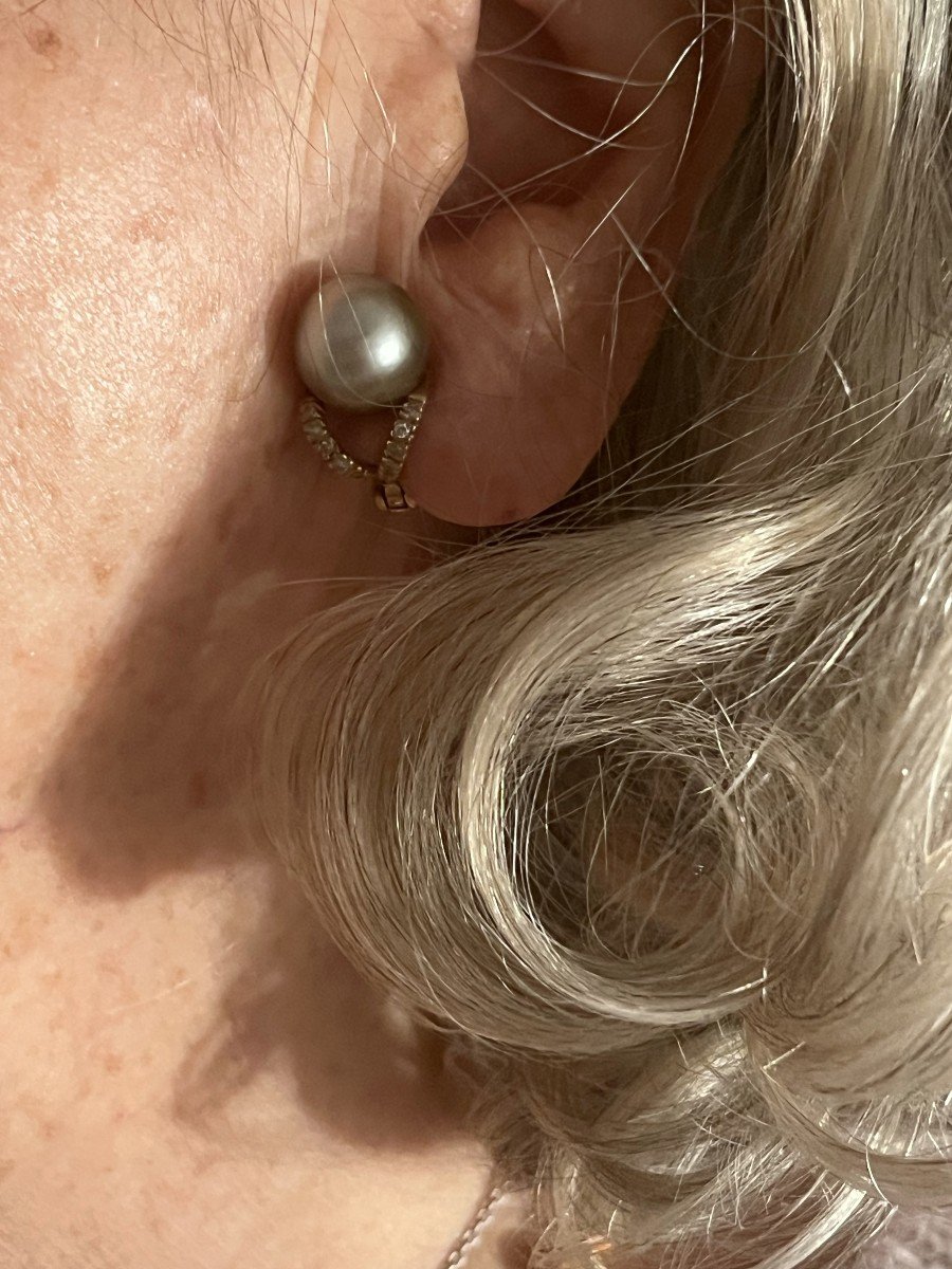 5132- Yellow Gold Gray Pearl Diamond Earrings-photo-2