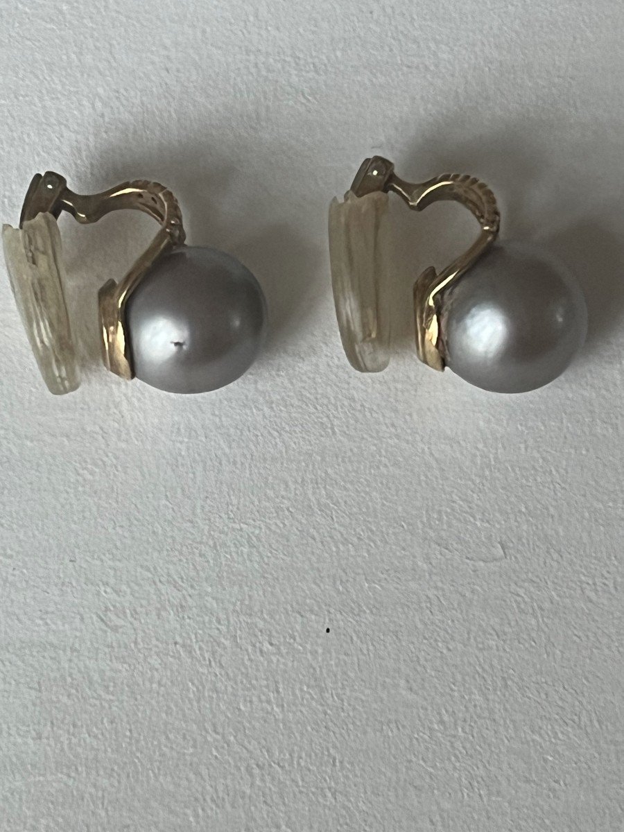5132- Yellow Gold Gray Pearl Diamond Earrings-photo-3