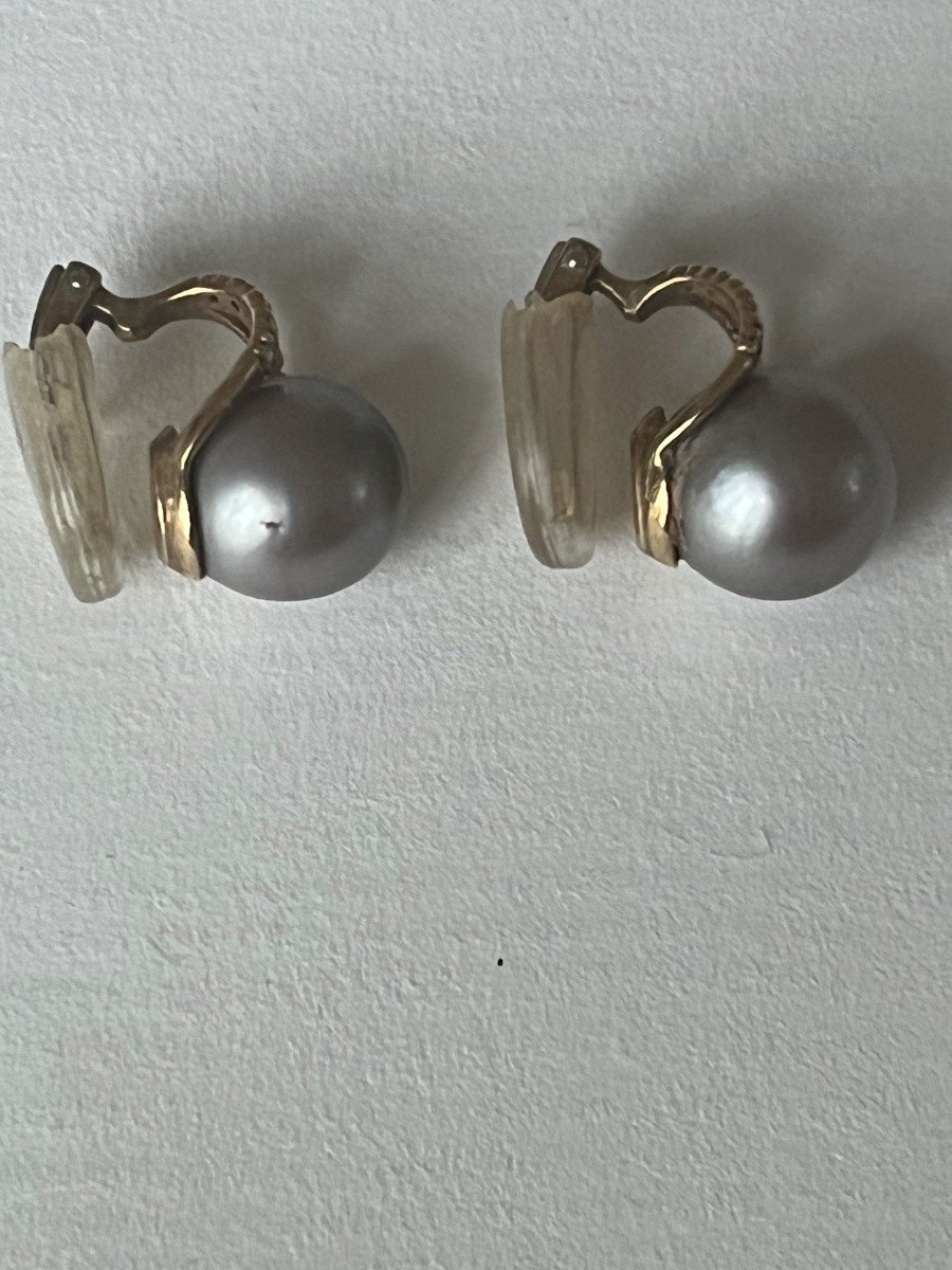 5132- Boucles d'Oreilles Or Jaune Perles Grises Diamants-photo-3