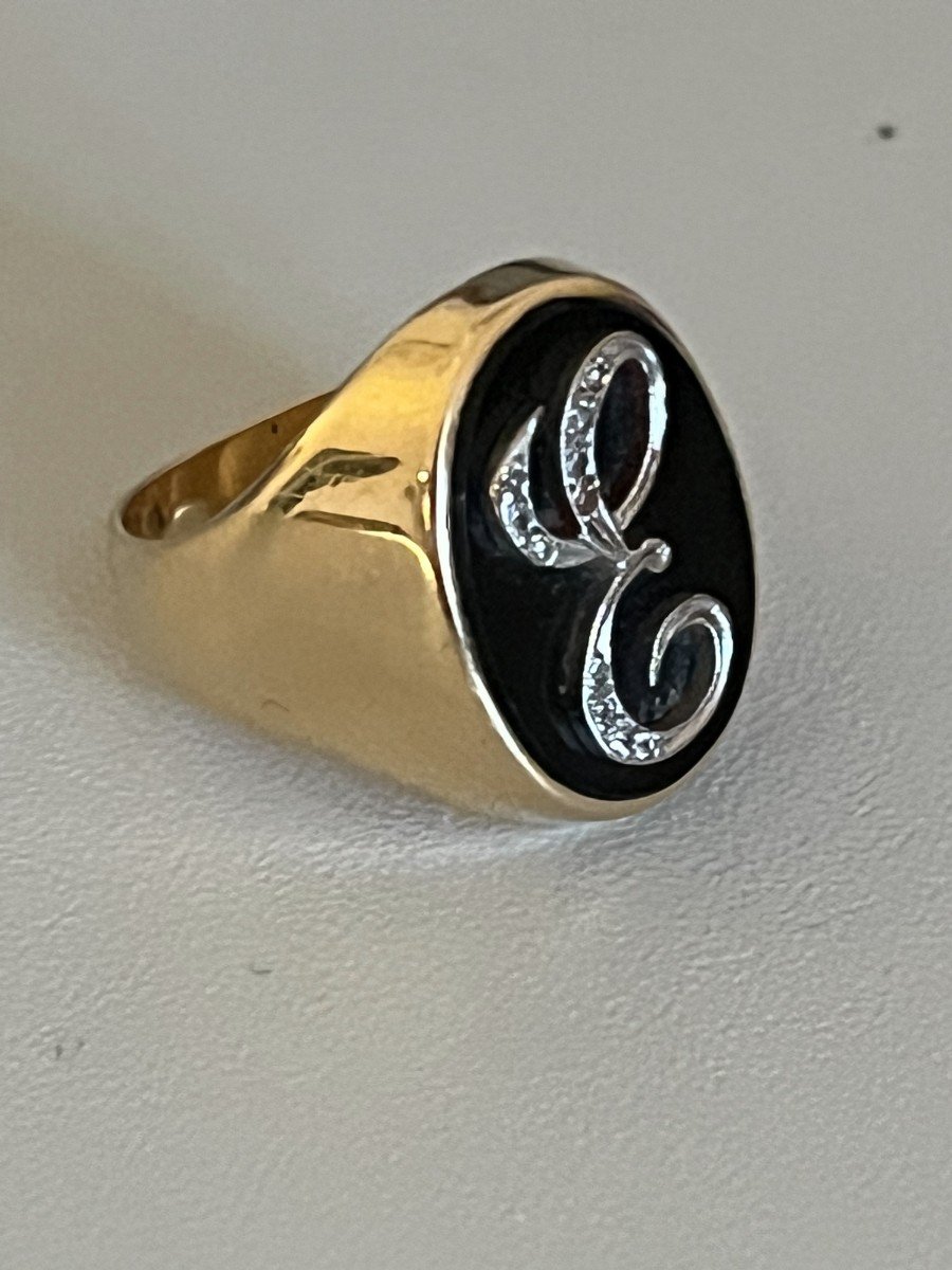 4017- Yellow Gold Onyx Diamond Signet Ring-photo-1