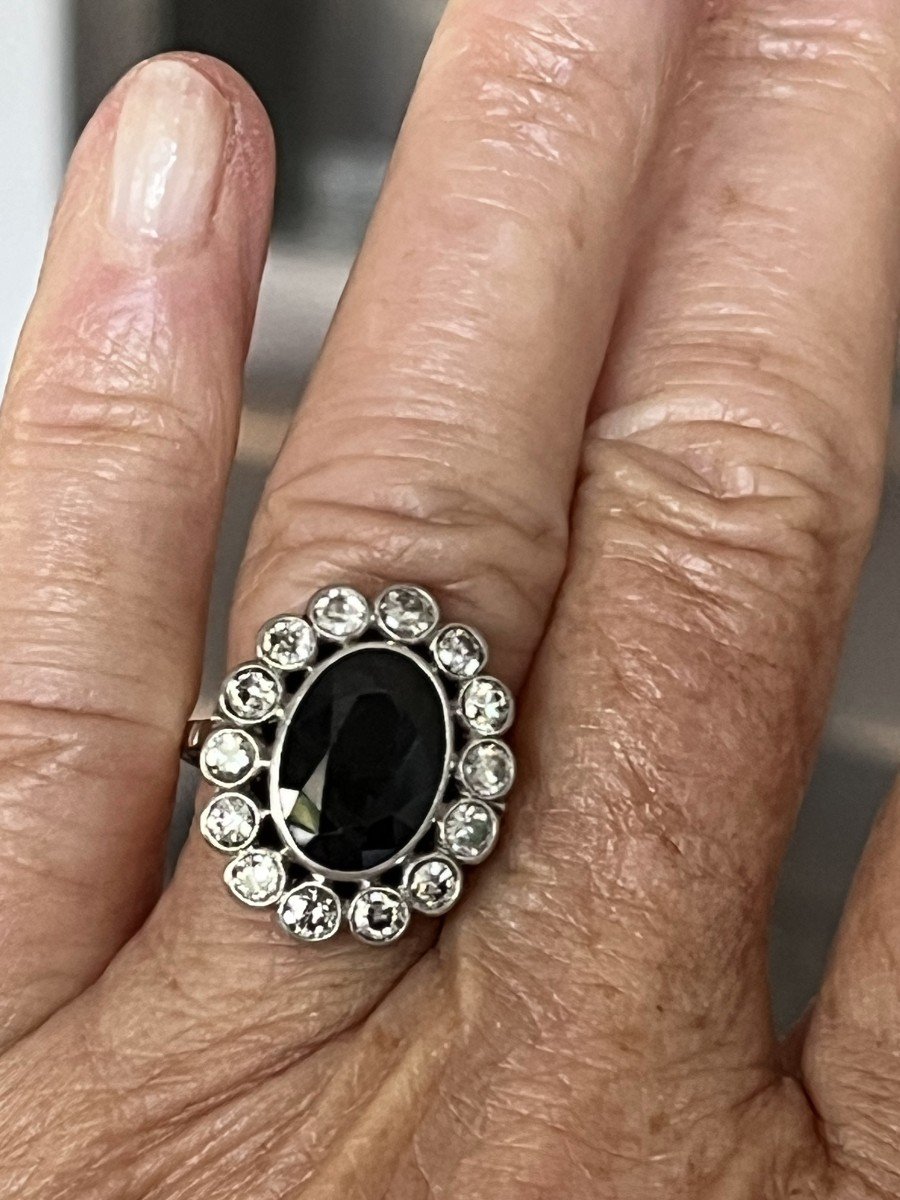 4778- Art Deco Pompadour Ring Platinum Sapphire Diamonds-photo-2
