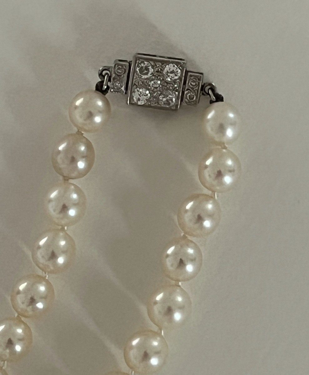 5107b- Collier Perles Fermoir Art Deco Or Gris Diamants