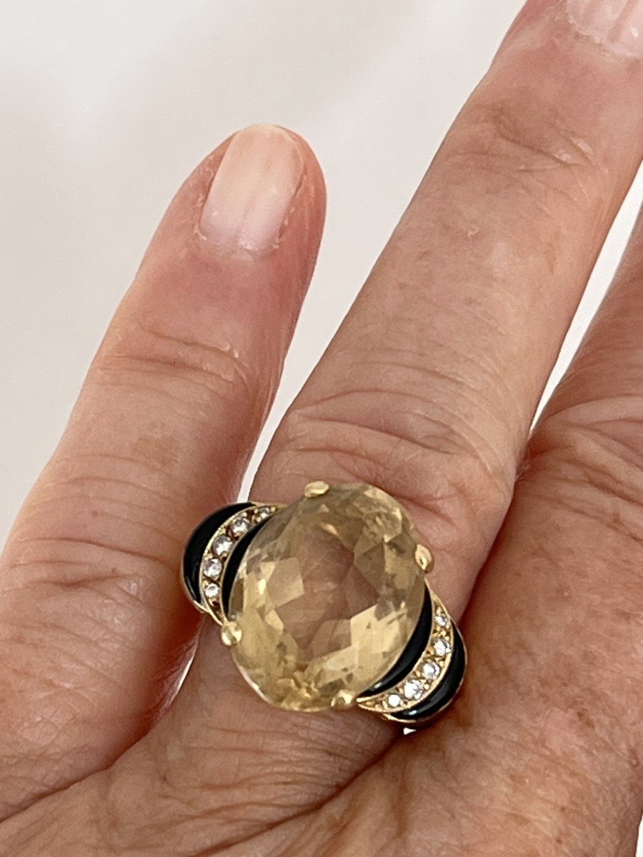4594- Bague Art Deco Or Jaune Citrine Onyx Diamants-photo-2