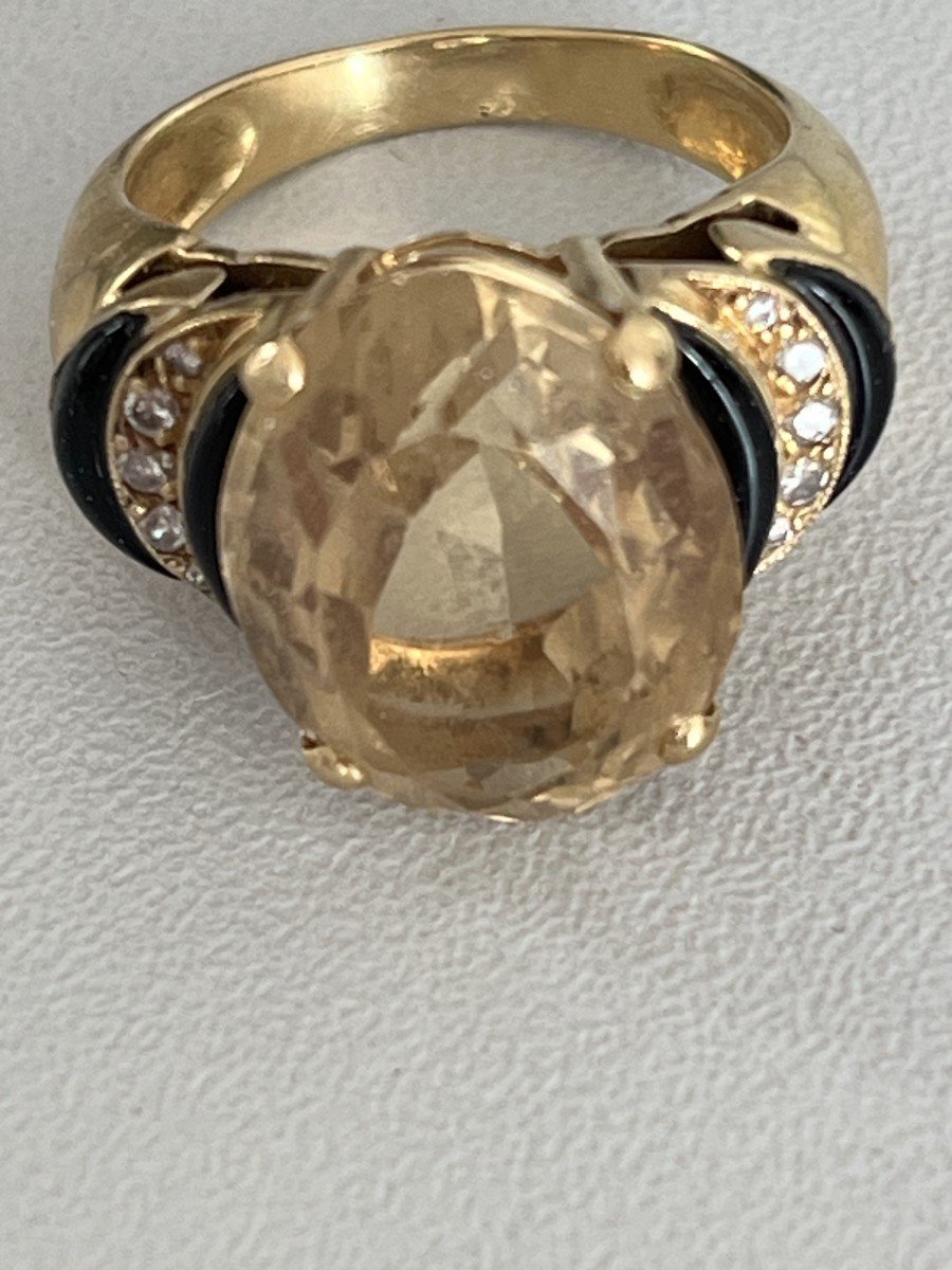 4594- Bague Art Deco Or Jaune Citrine Onyx Diamants-photo-3