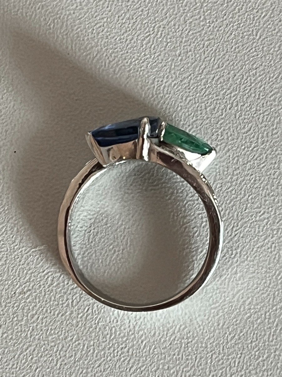 4965- White Gold Sapphire Emerald Diamonds Cross Ring-photo-2