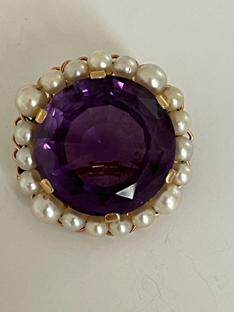 5253- Broche Années 1960 Or Jaune Améthyste Perles-photo-4
