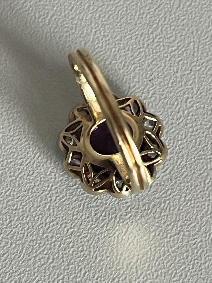 5331- Old Flower Ring Yellow Gold And Gray Garnet Diamonds-photo-3