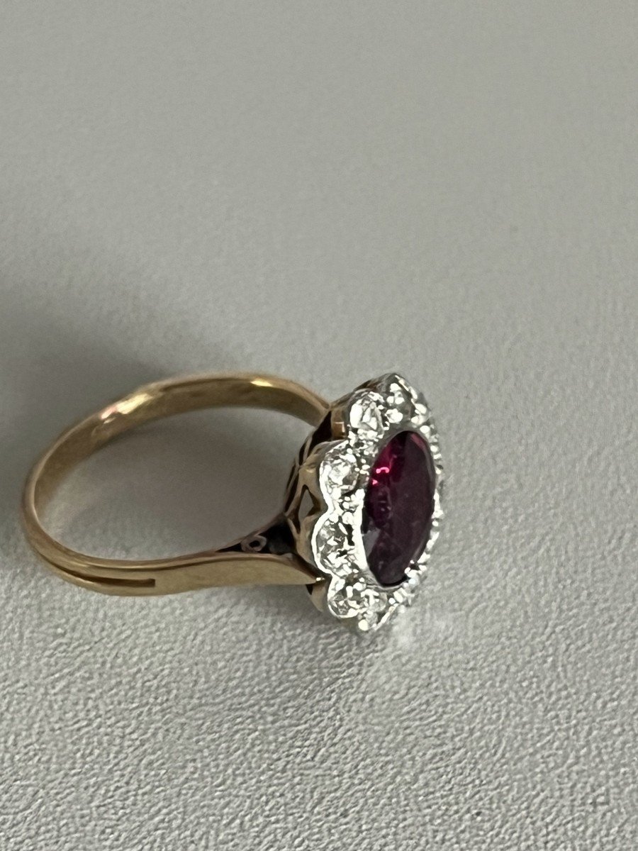5331- Old Flower Ring Yellow Gold And Gray Garnet Diamonds-photo-1
