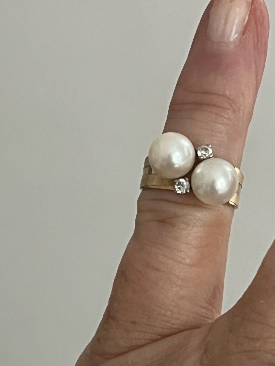 4195- Yellow Gold Pearls Diamonds Little Finger Ring-photo-2