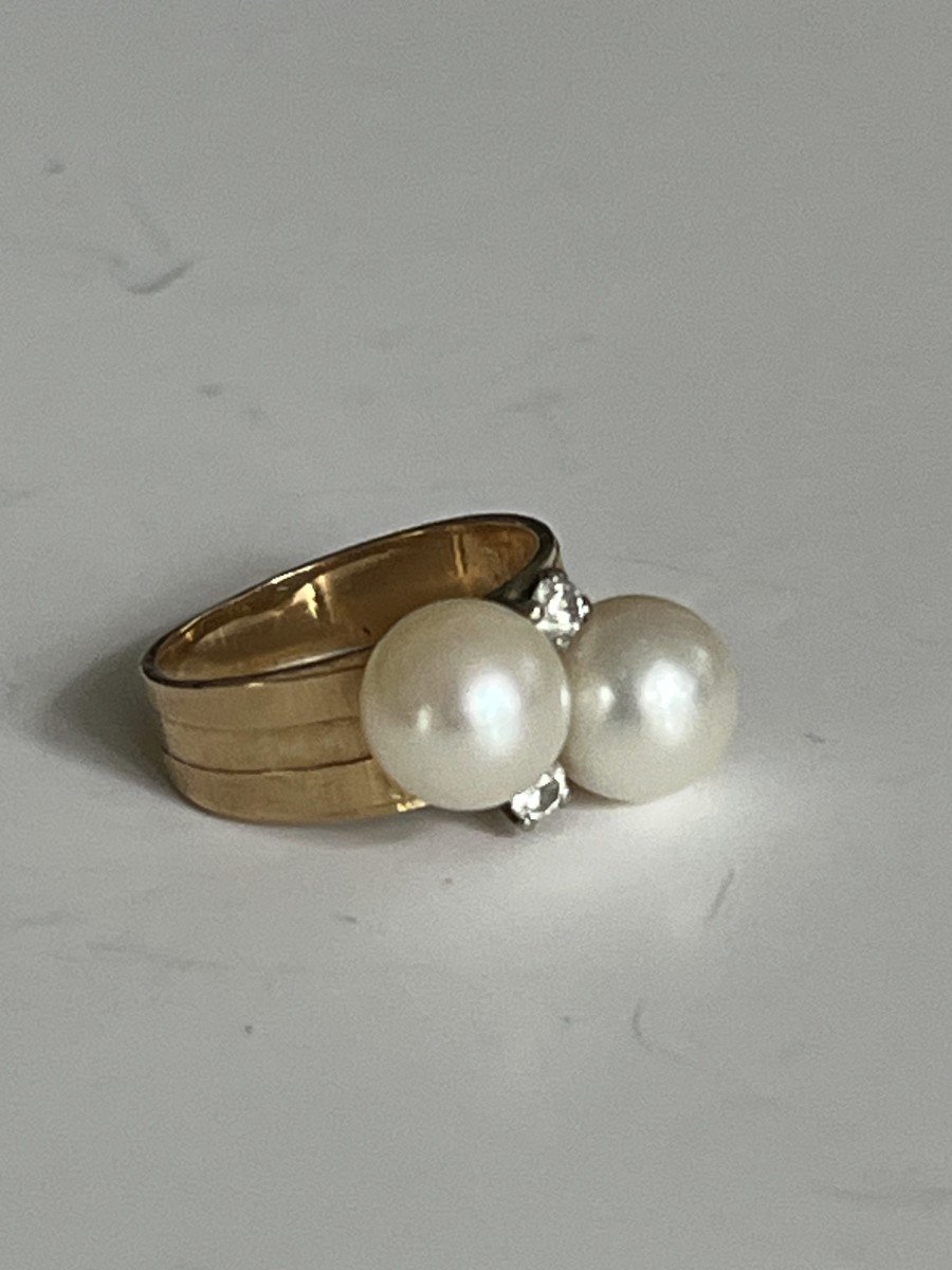 4195- Yellow Gold Pearls Diamonds Little Finger Ring-photo-1