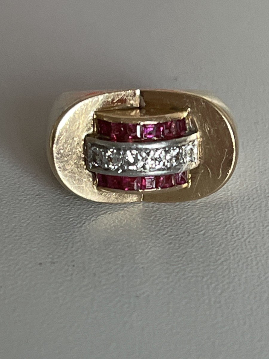 5385- Tank Ring Rose Gold Platinum Diamonds Ruby-photo-1