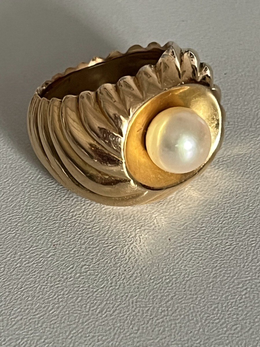 5393- Bague Dôme Or Jaune Godronné Perle-photo-4