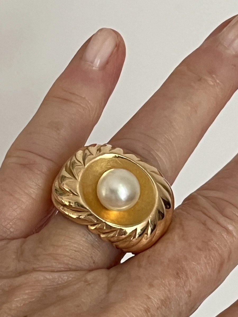 5393- Bague Dôme Or Jaune Godronné Perle-photo-1