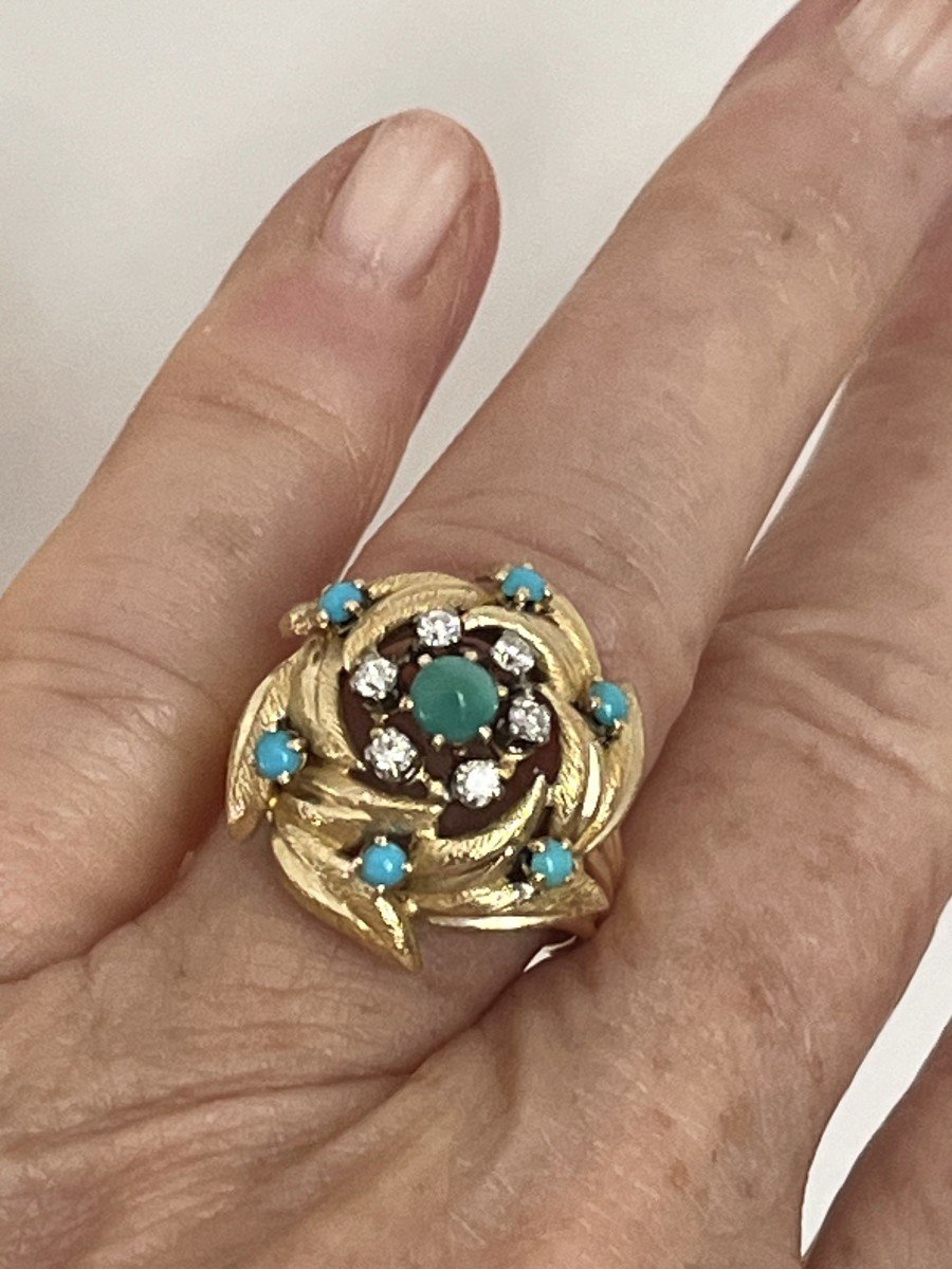 5325- Yellow Gold Diamond And Turquoise Foliage Ring-photo-2