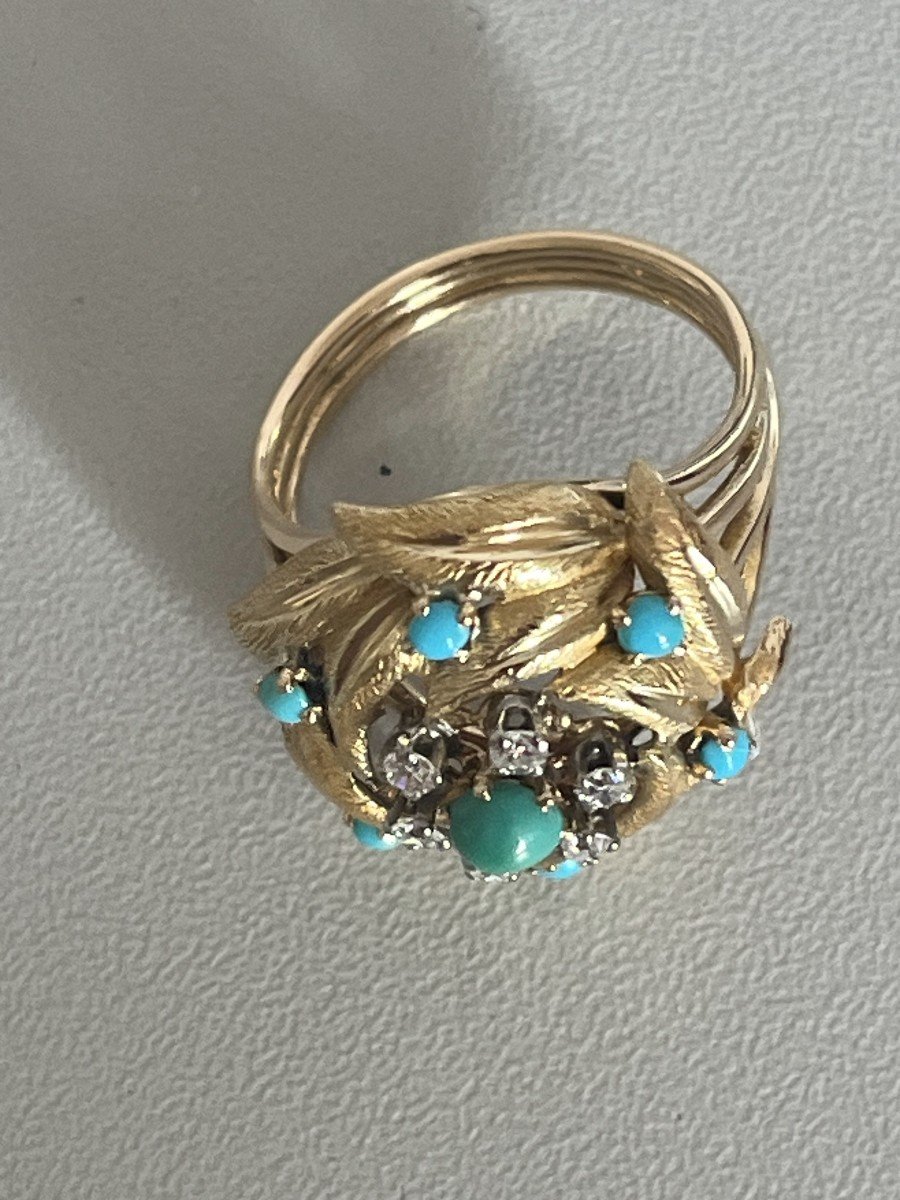 5325- Yellow Gold Diamond And Turquoise Foliage Ring-photo-3
