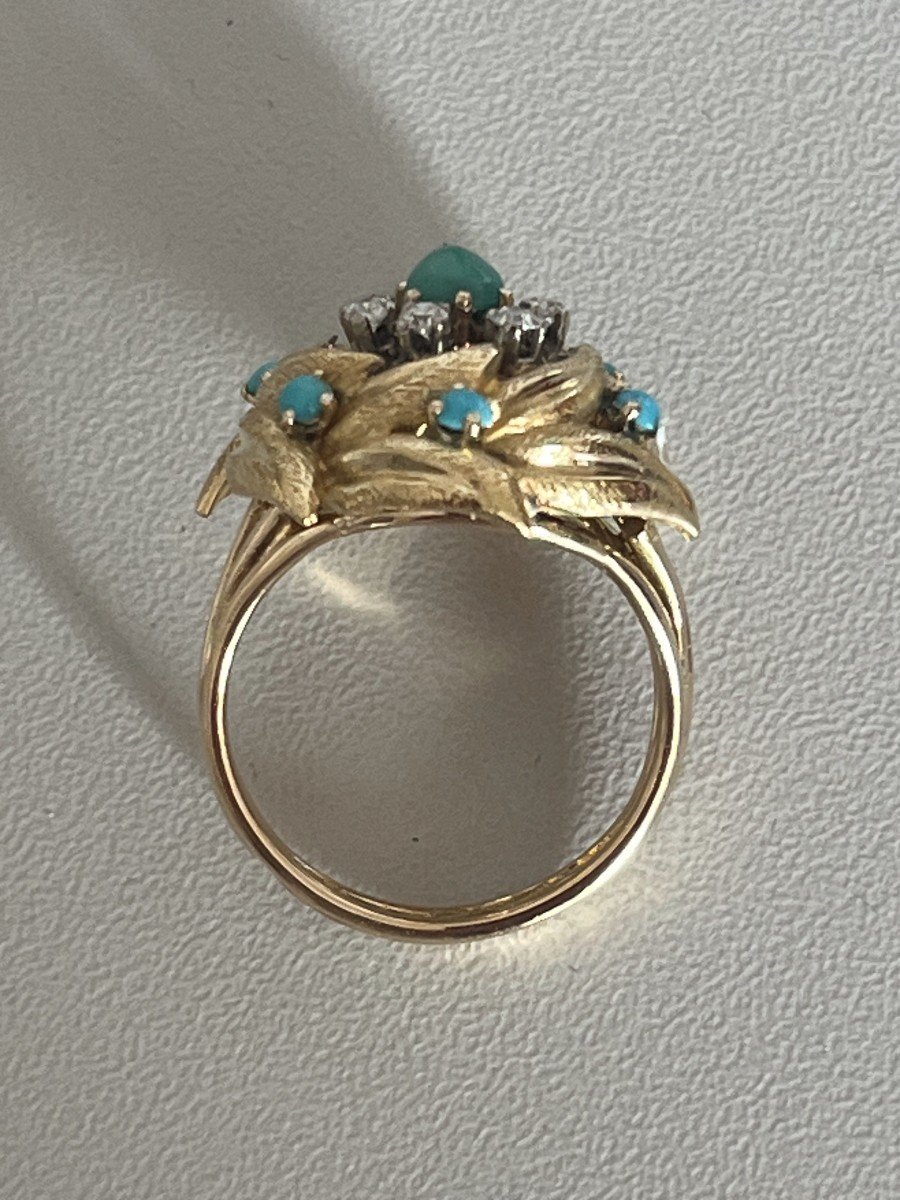 5325- Yellow Gold Diamond And Turquoise Foliage Ring-photo-1