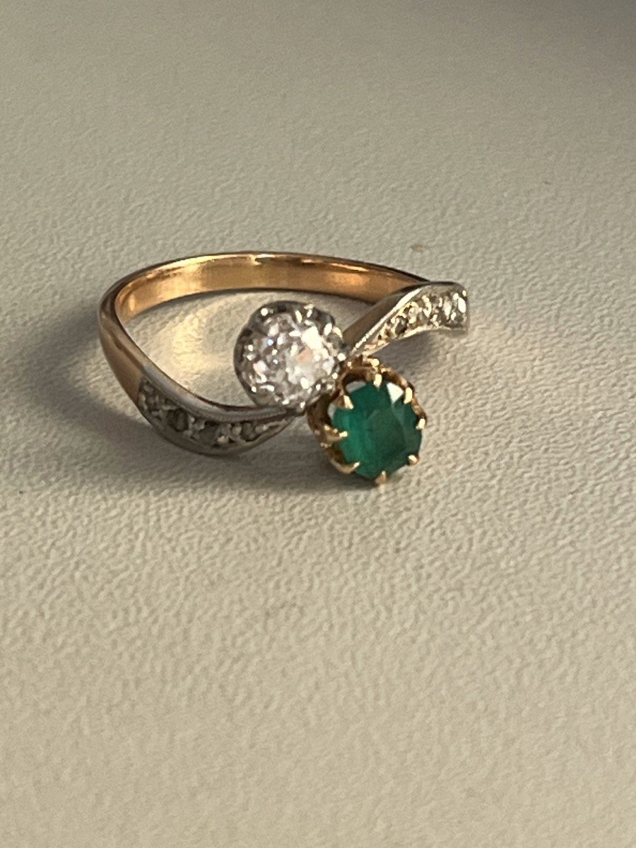 5163- Toi & Moi Ring Yellow Gold Emerald Diamonds-photo-3
