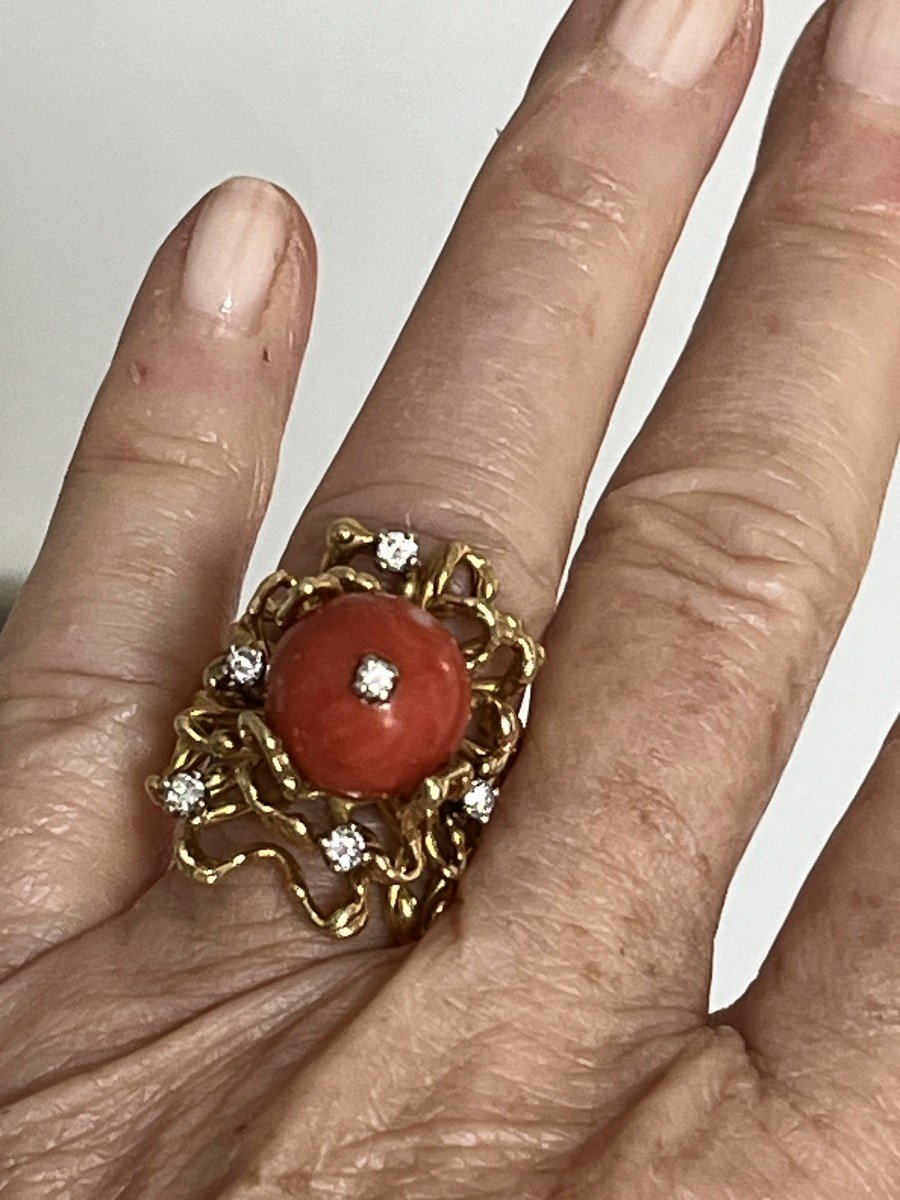 5177- Yellow Gold Coral Diamond Cocktail Ring-photo-2