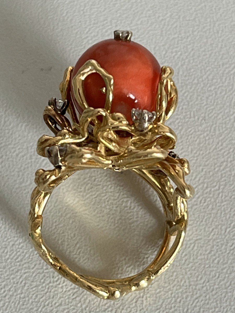 5177- Yellow Gold Coral Diamond Cocktail Ring-photo-3