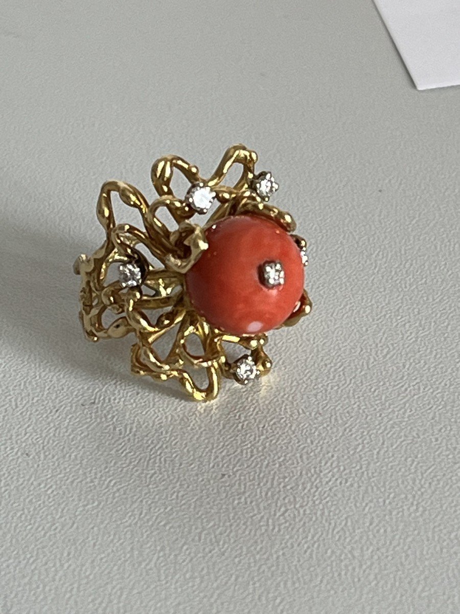 5177- Yellow Gold Coral Diamond Cocktail Ring-photo-4
