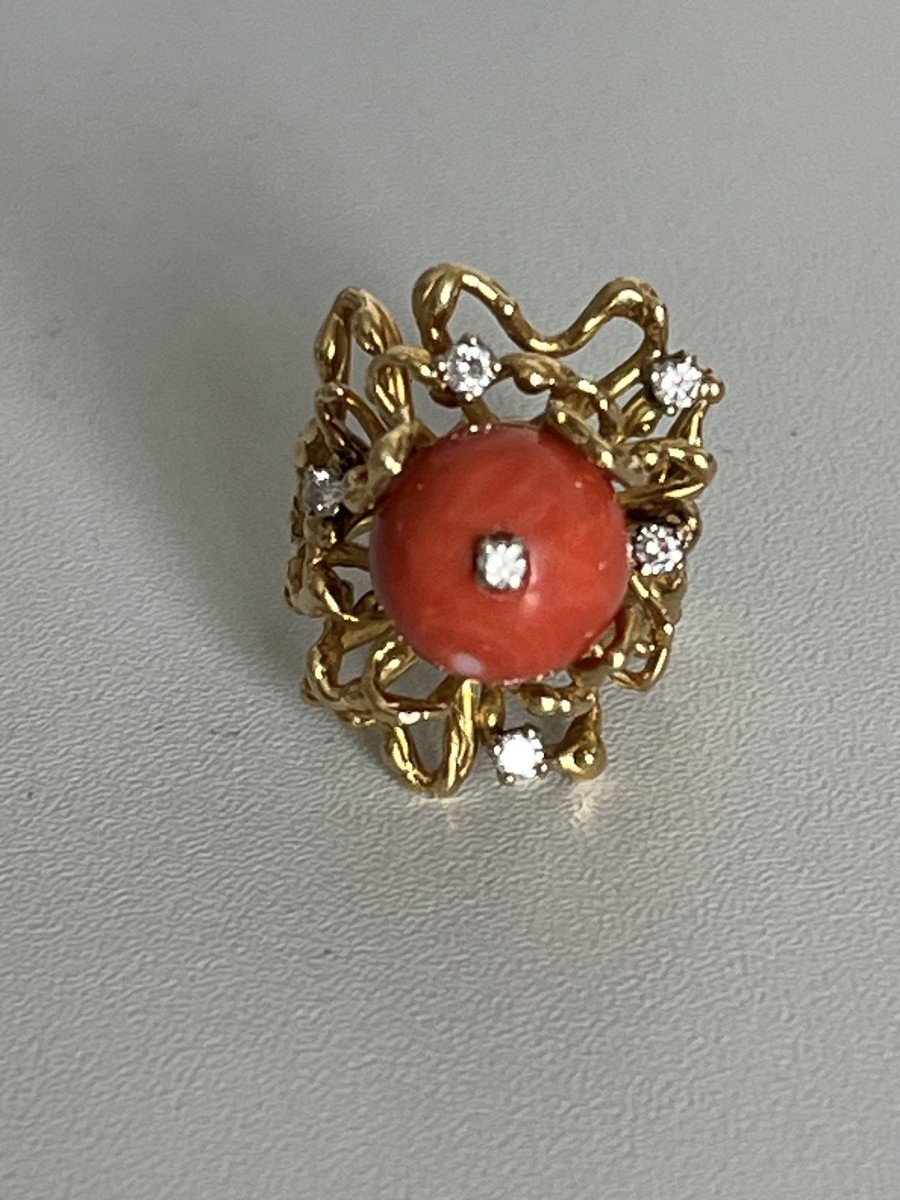 5177- Yellow Gold Coral Diamond Cocktail Ring-photo-1
