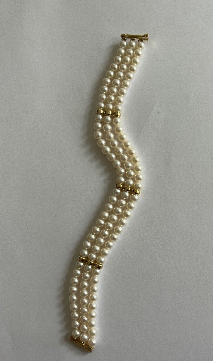 5555- Bracelet Perles 3 Rangs Or Jaune
