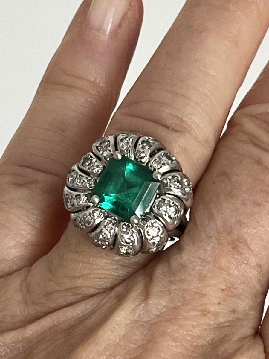 5431- Art Deco Platinum Emerald Ring From Brazil Diamonds-photo-2