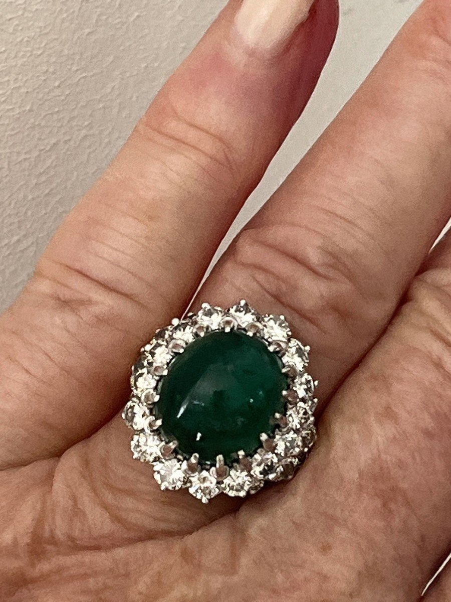 5484- Emerald Cabochon Diamonds White Gold Ring-photo-2
