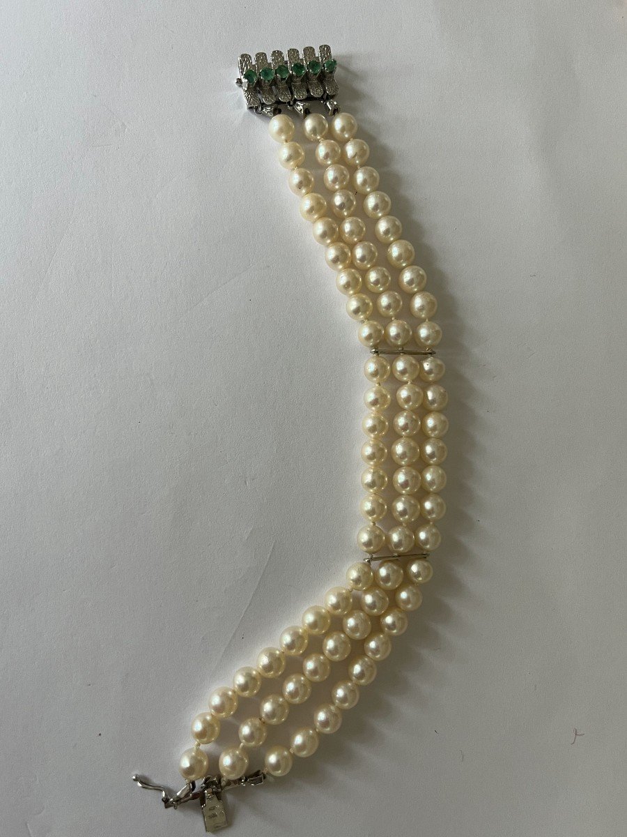 5579- Bracelet 3 Rows Cultured Pearls Clasp Gray Gold Emeralds-photo-3