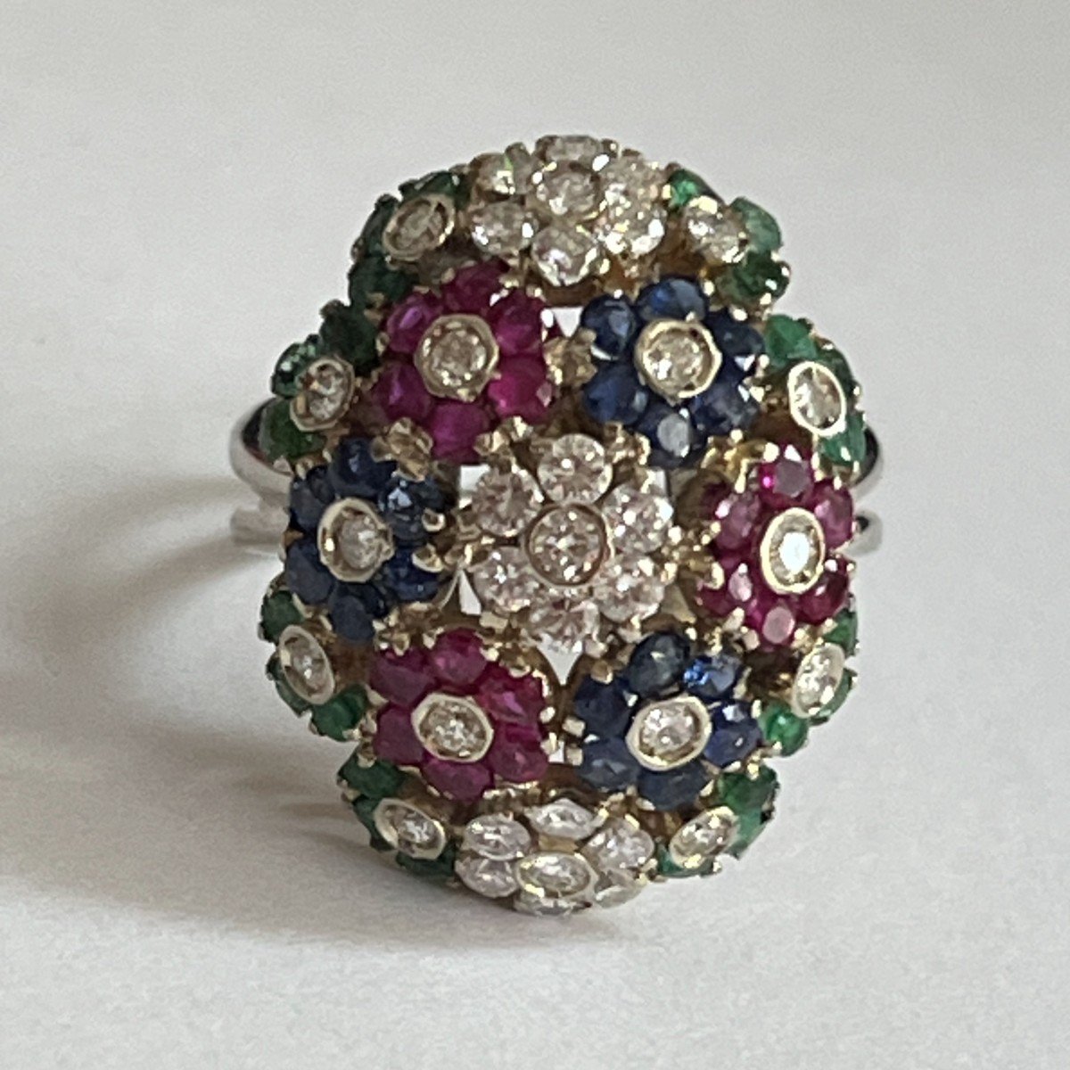 4559- Gold Ball Ring Diamonds Ruby Sapphires
