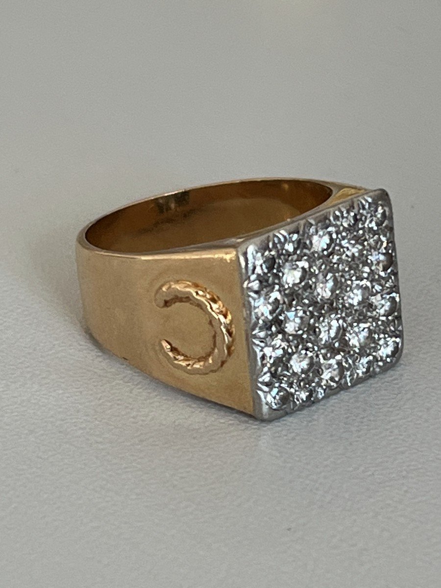 5683- Yellow Gold Platinum Diamond Signet Ring-photo-1