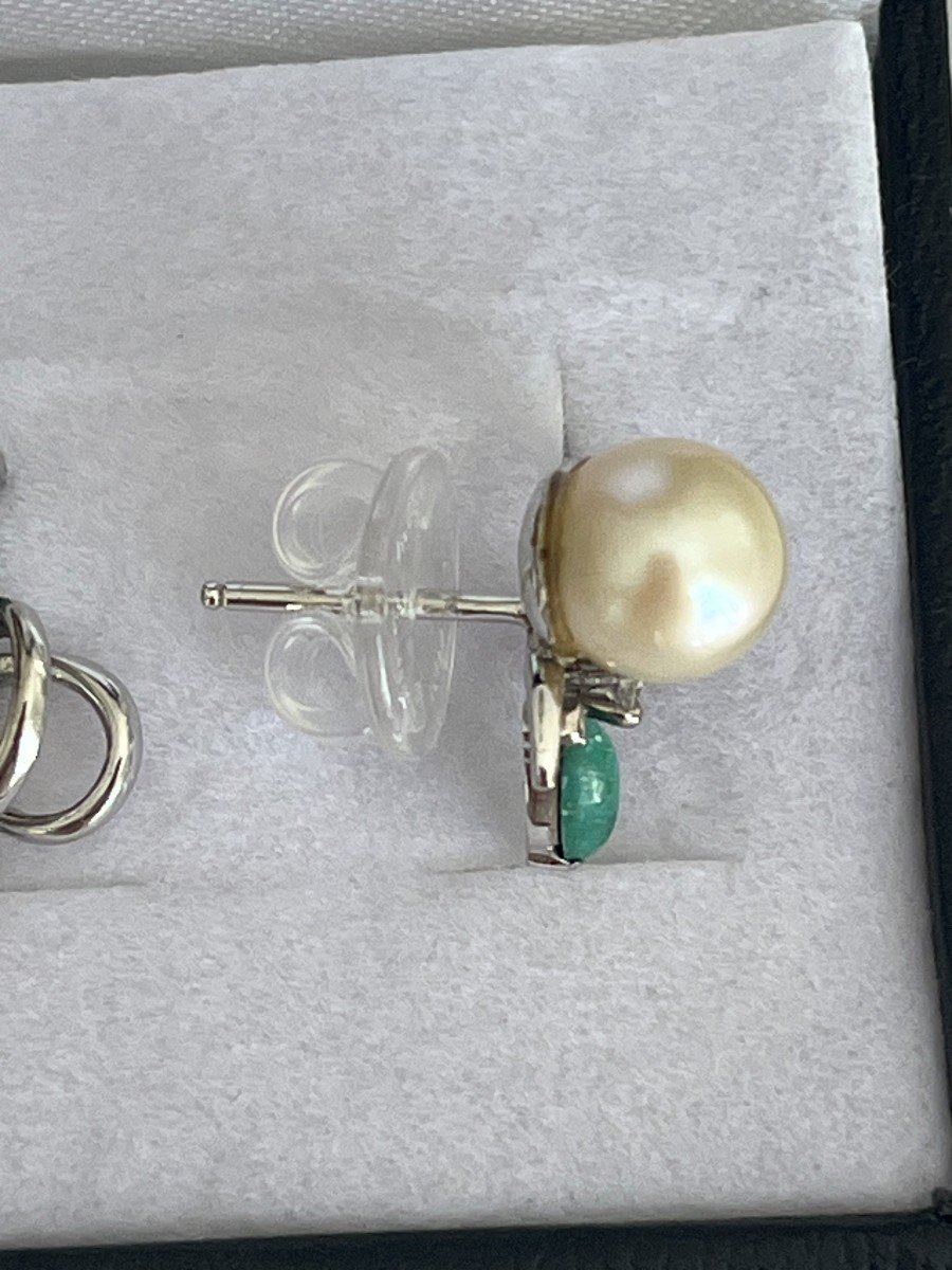 5847- Boucles d'Oreilles Or Gris Perles Diamants Turquoises-photo-2