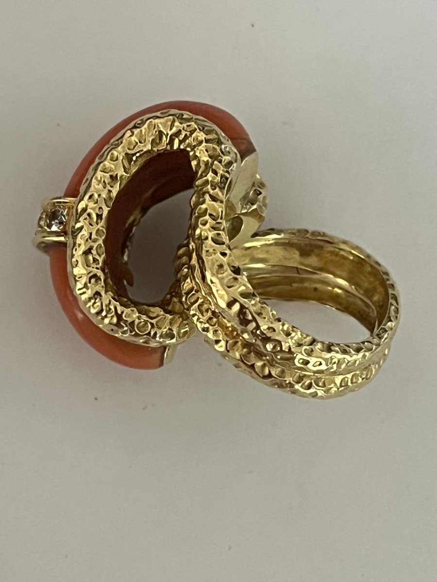 5792- Bague Or Jaune Martelé Corail Diamants-photo-1