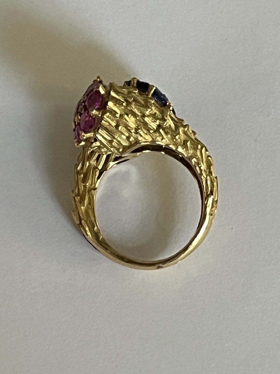 5821- Toi & Moi Ring Yellow Gold Chiseled Blue Sapphires And Pink Sapphires-photo-2