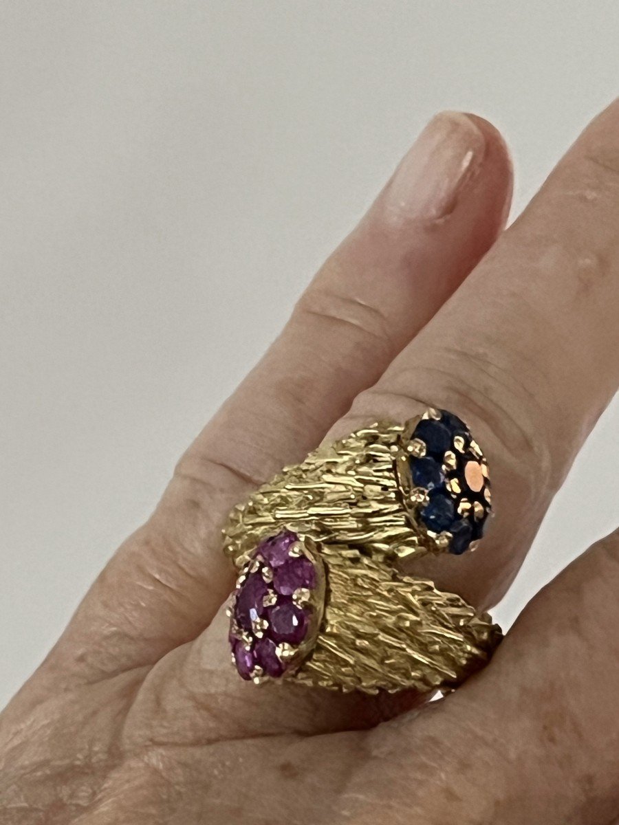 5821- Toi & Moi Ring Yellow Gold Chiseled Blue Sapphires And Pink Sapphires-photo-1