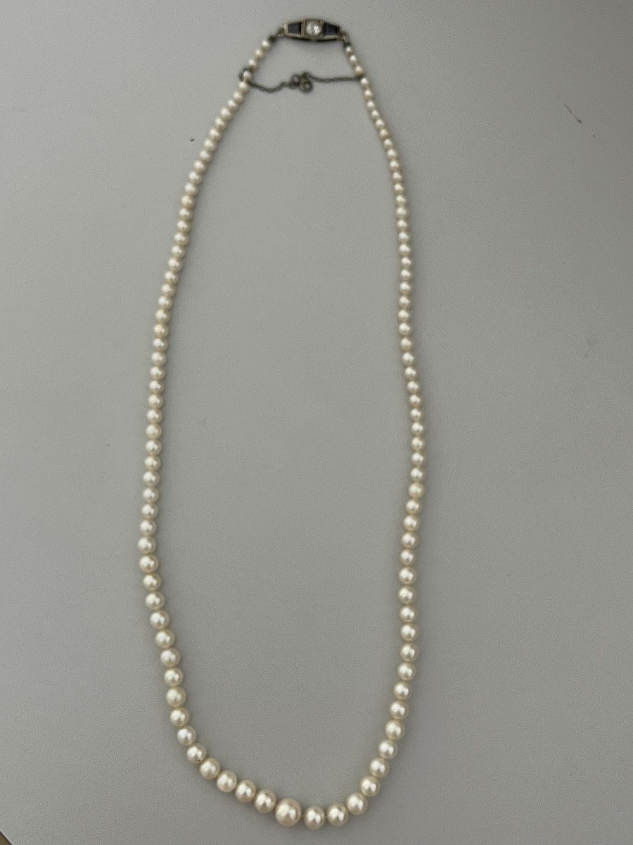 4219- Collier Perles Fermoir Or Gris Diamant Pierres Bleues-photo-3