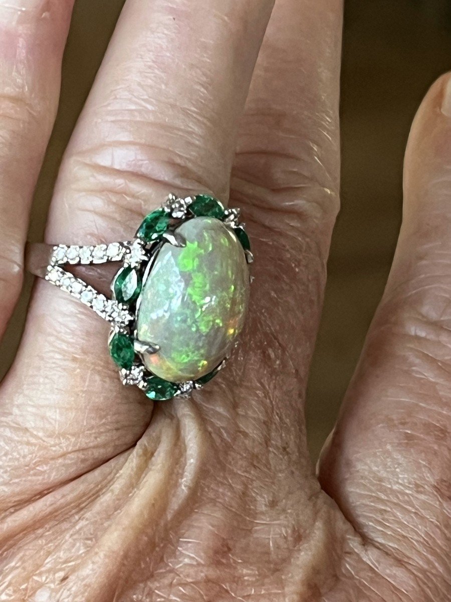 5615- White Gold Opal Diamonds Emeralds Ring-photo-3