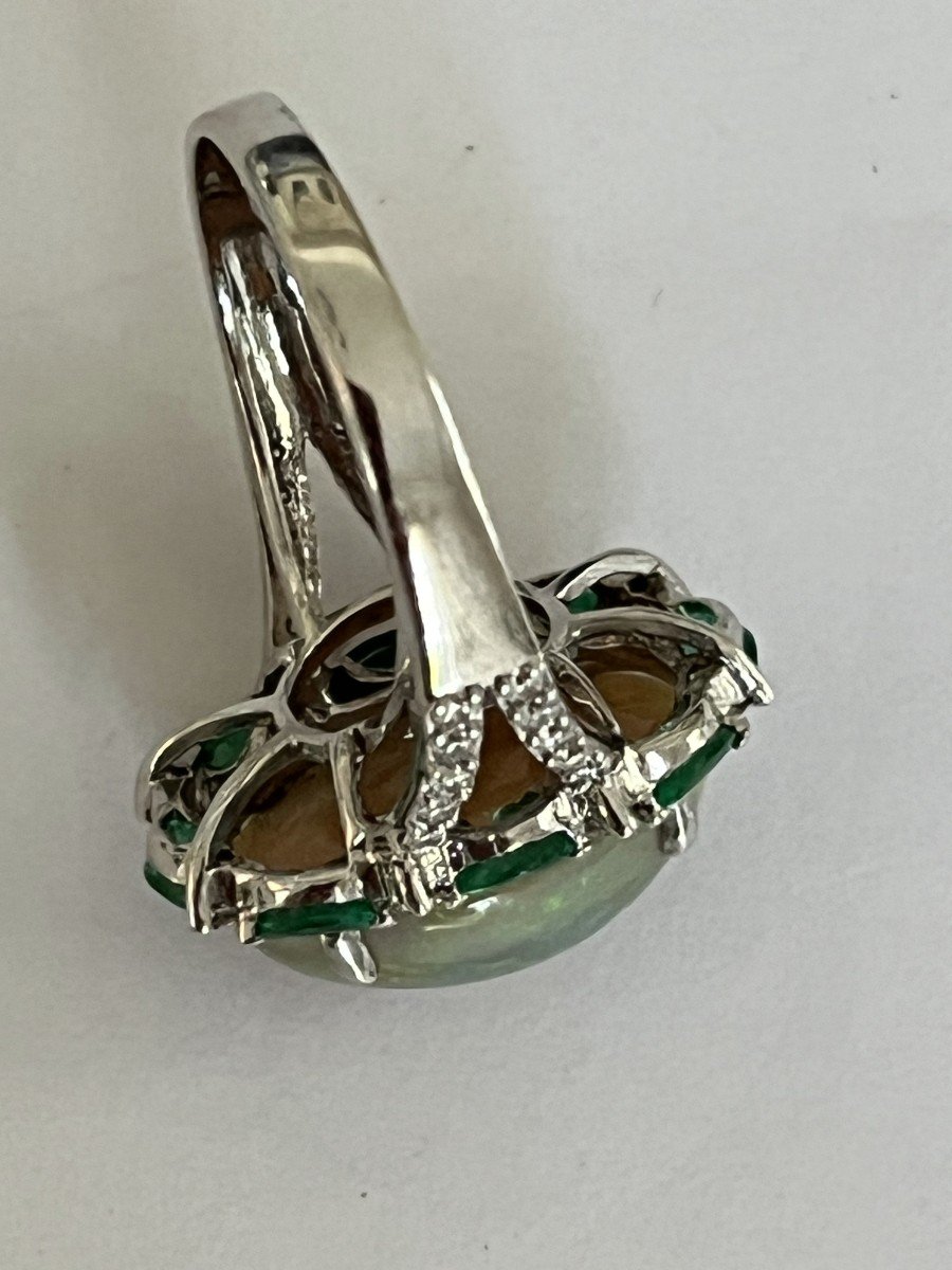 5615- White Gold Opal Diamonds Emeralds Ring-photo-4