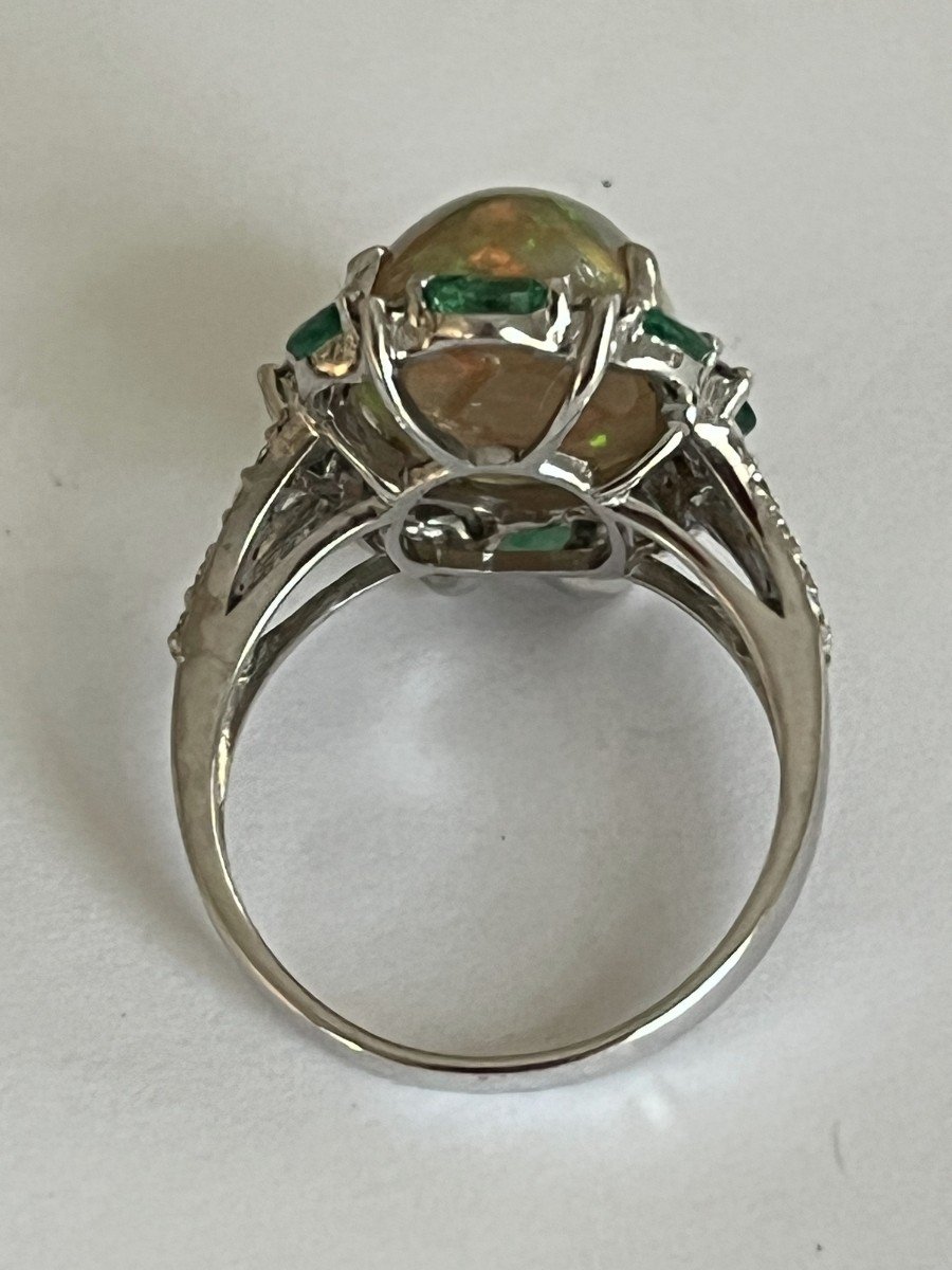 5615- White Gold Opal Diamonds Emeralds Ring-photo-1