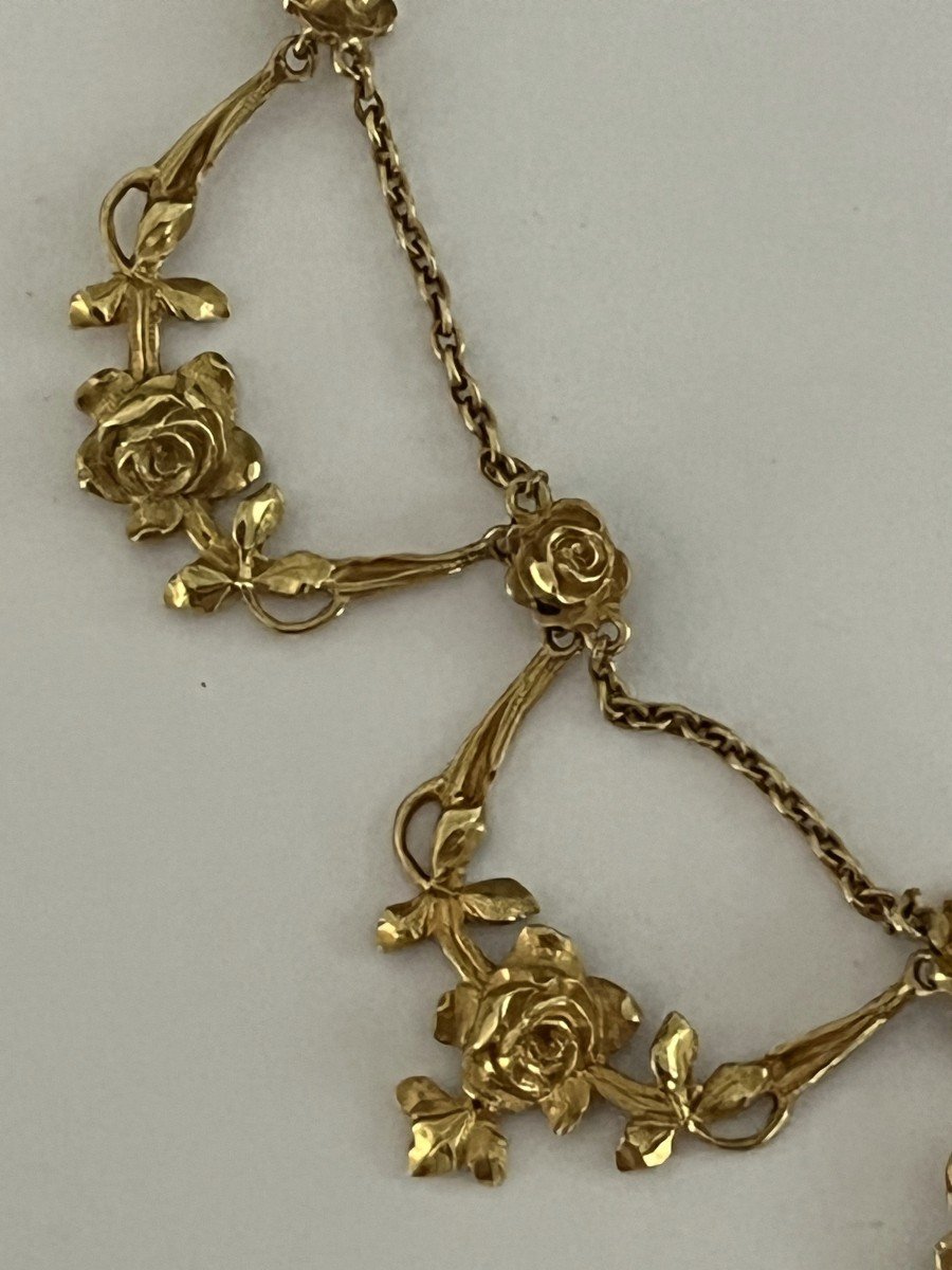 5790- Antique Draperrie Necklace Yellow Gold Rose Pattern-photo-2