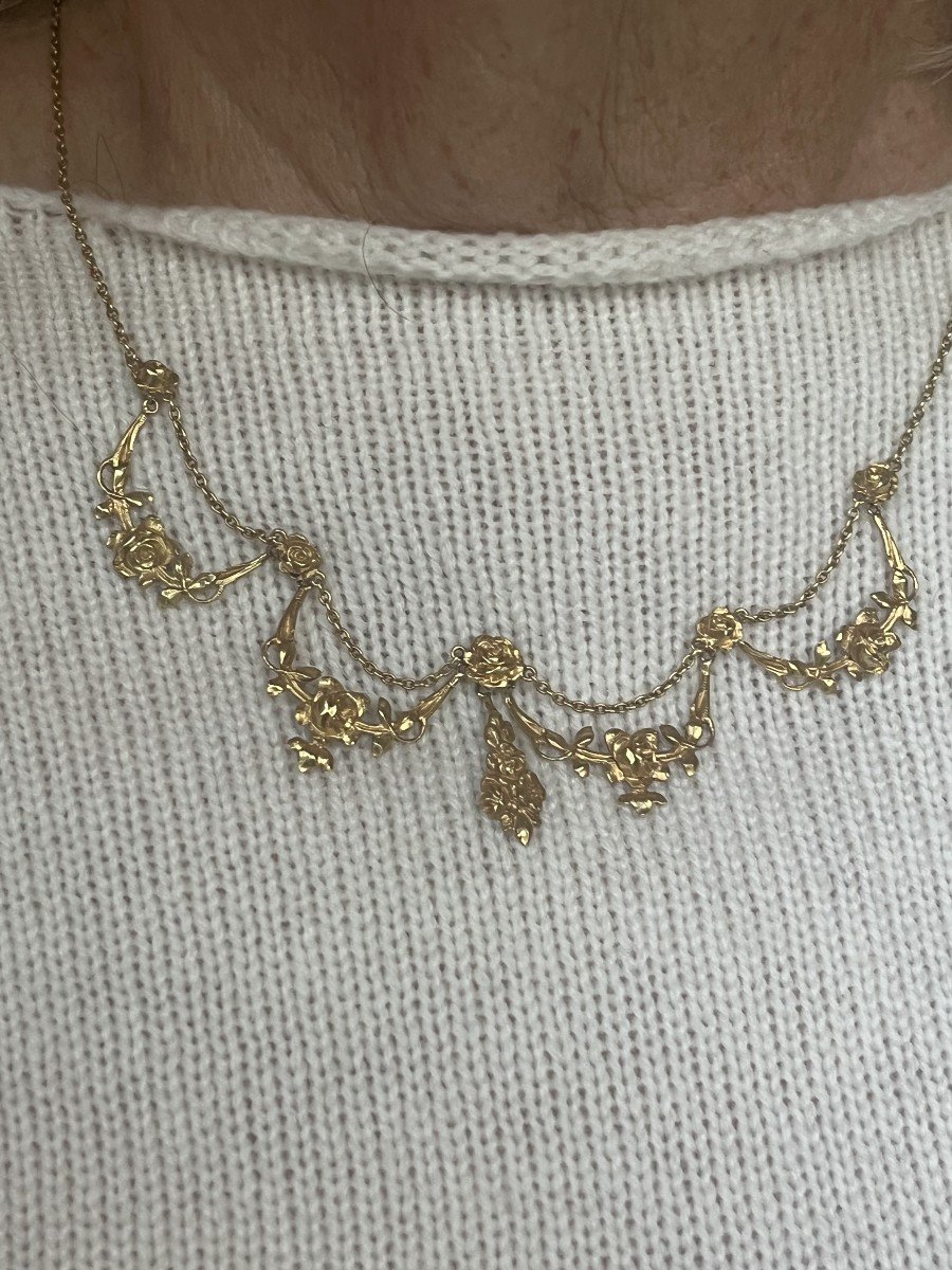 5790- Antique Draperrie Necklace Yellow Gold Rose Pattern-photo-3