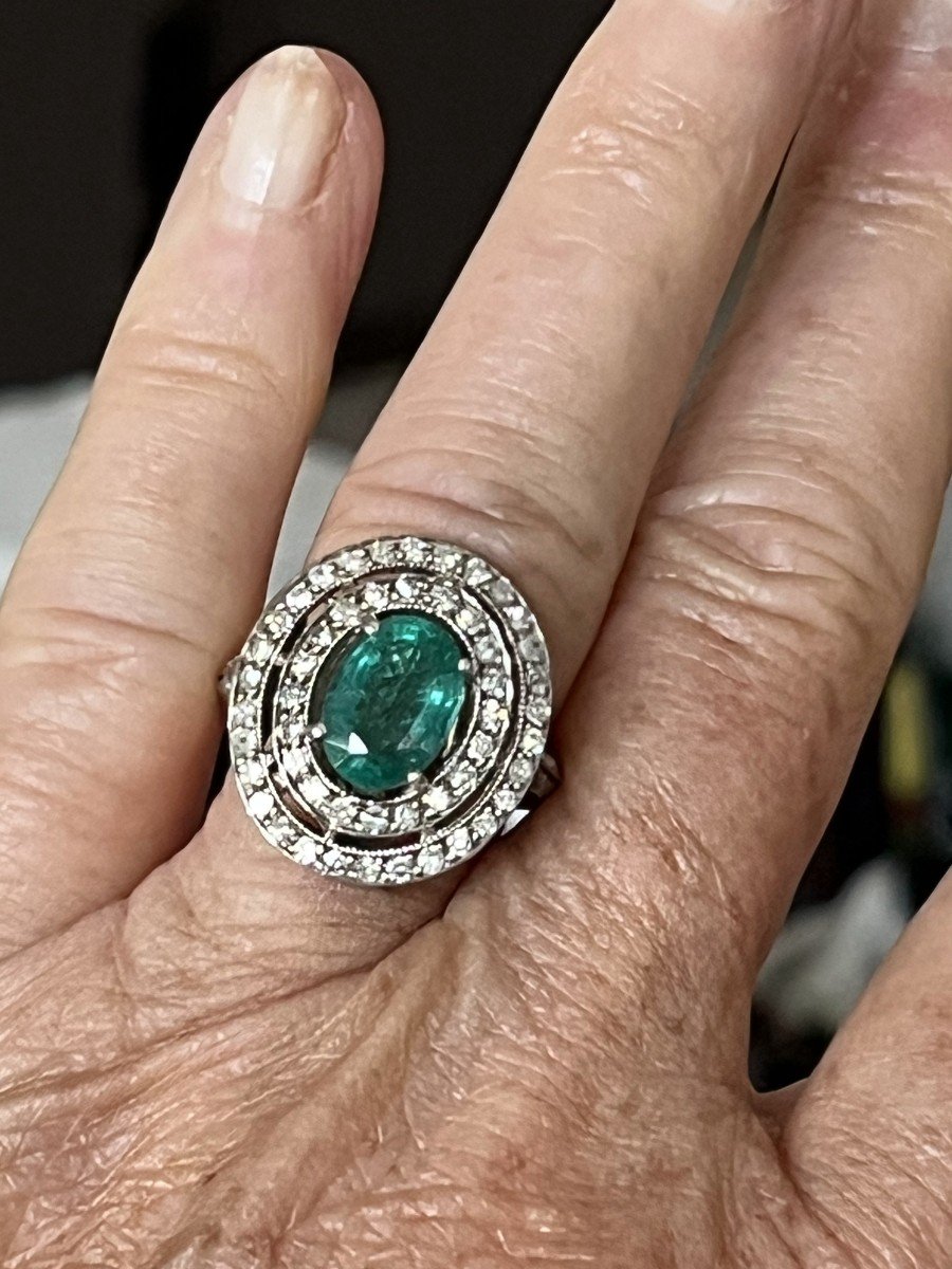 5852- Bague Or Gris Emeraude Diamants-photo-2