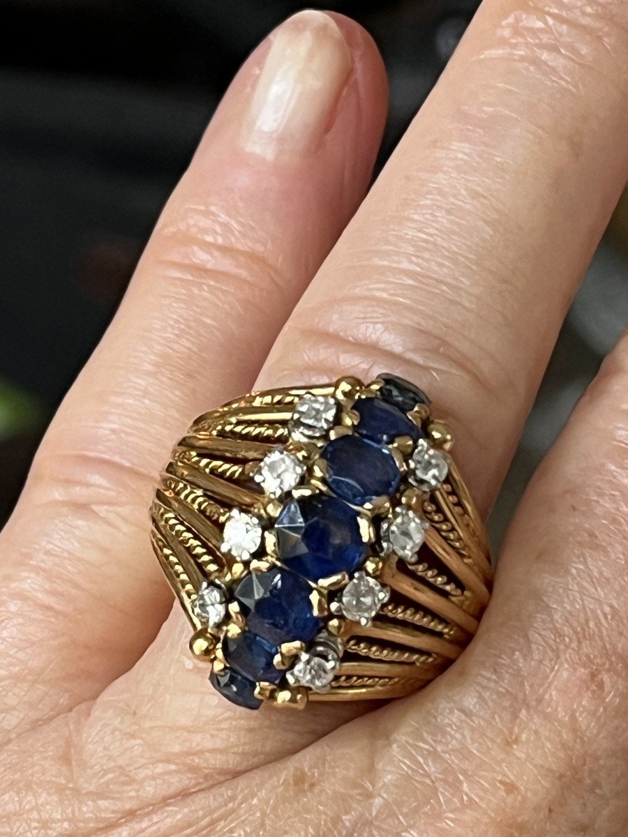 5858- Bague Fils d'Or Jaune Saphirs Diamants-photo-2