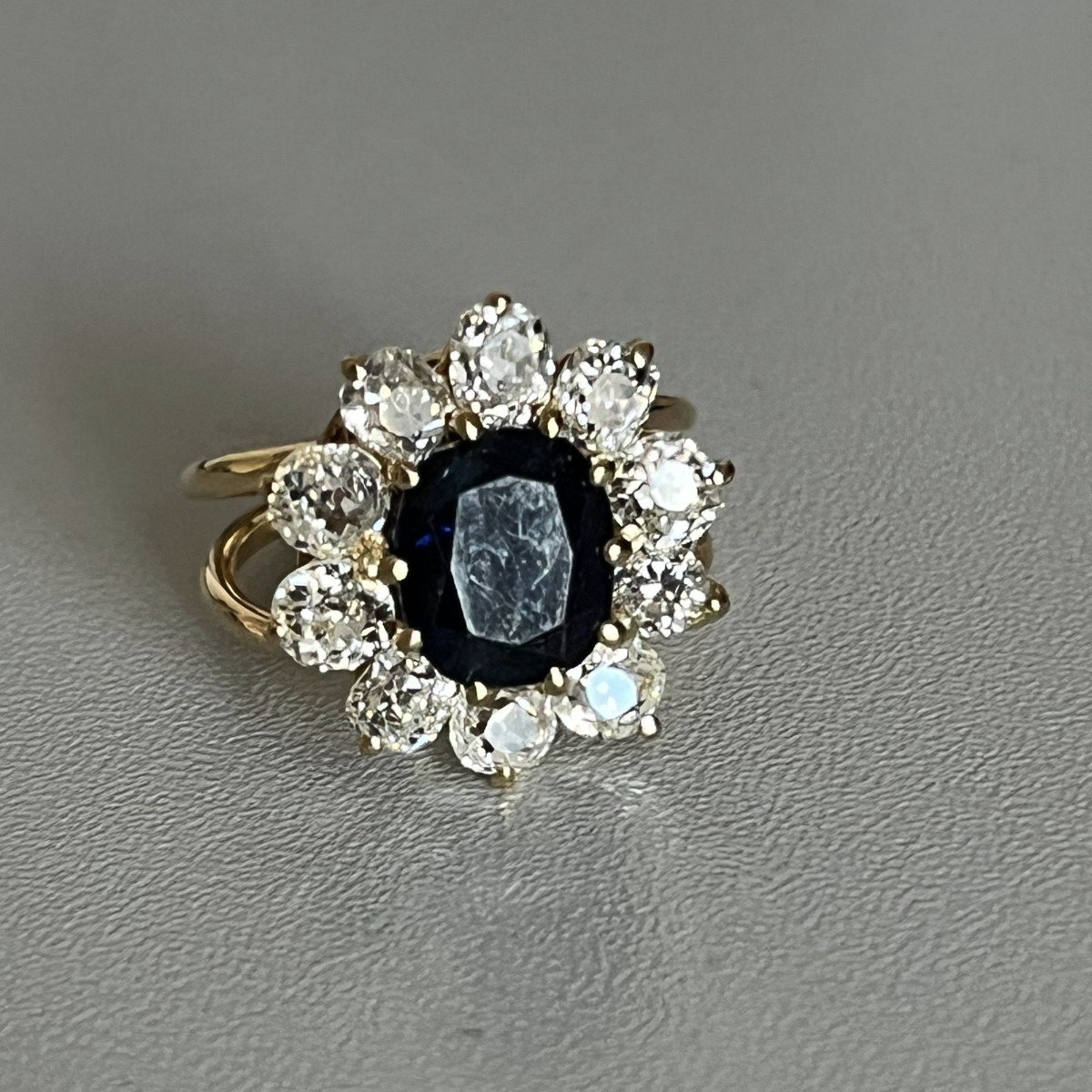 4992- Bague Fleur Or Jaune Saphir 3,23 Ct Certifié Diamants 1,50 Ct