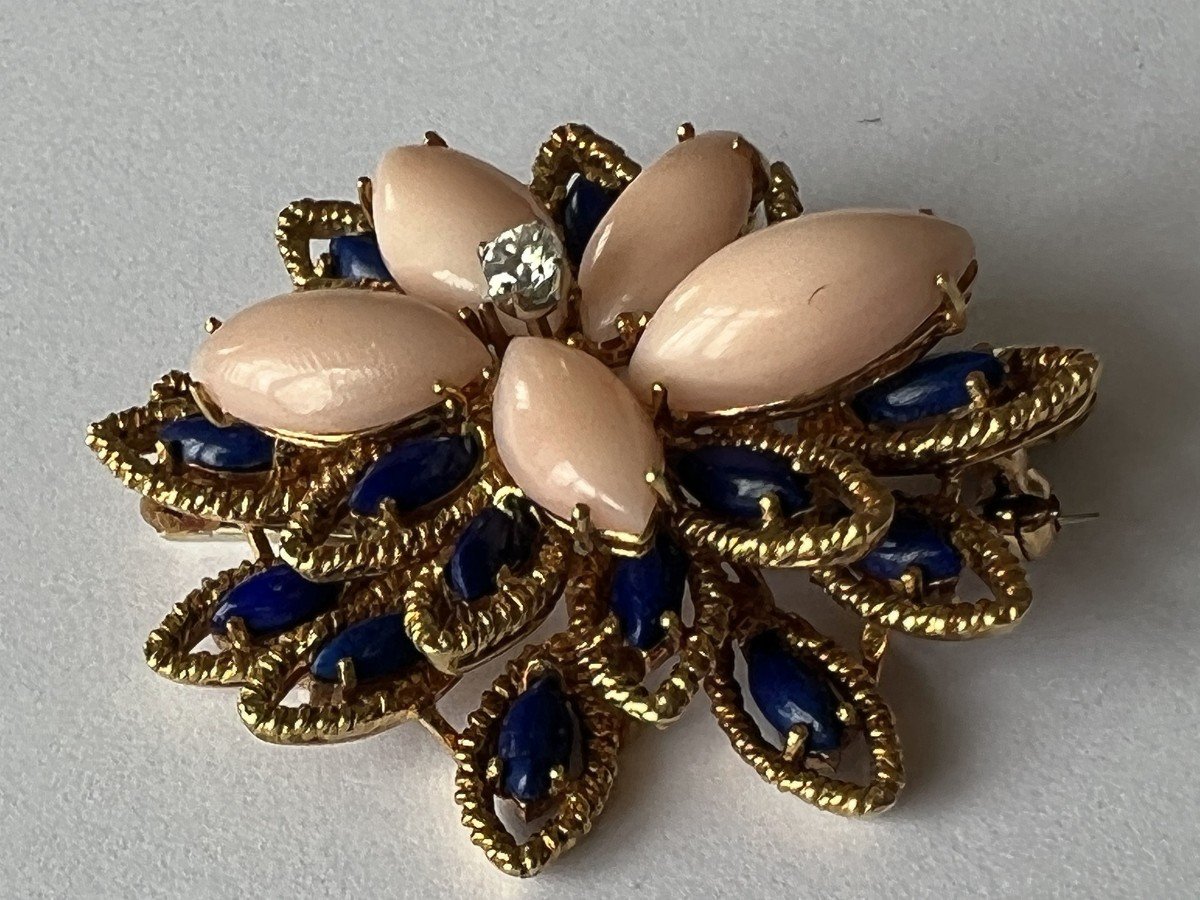 2889- Yellow Gold Brooch Coral Lapis Lazuli Diamonds-photo-7