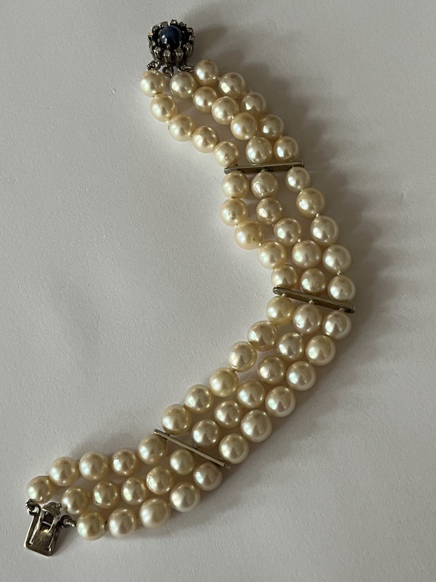 5927- 3 Row Pearl Bracelet White Gold Clasp Sapphire Diamonds-photo-2