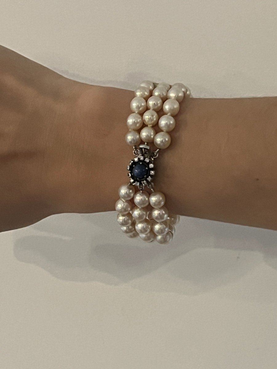 5927- 3 Row Pearl Bracelet White Gold Clasp Sapphire Diamonds-photo-3