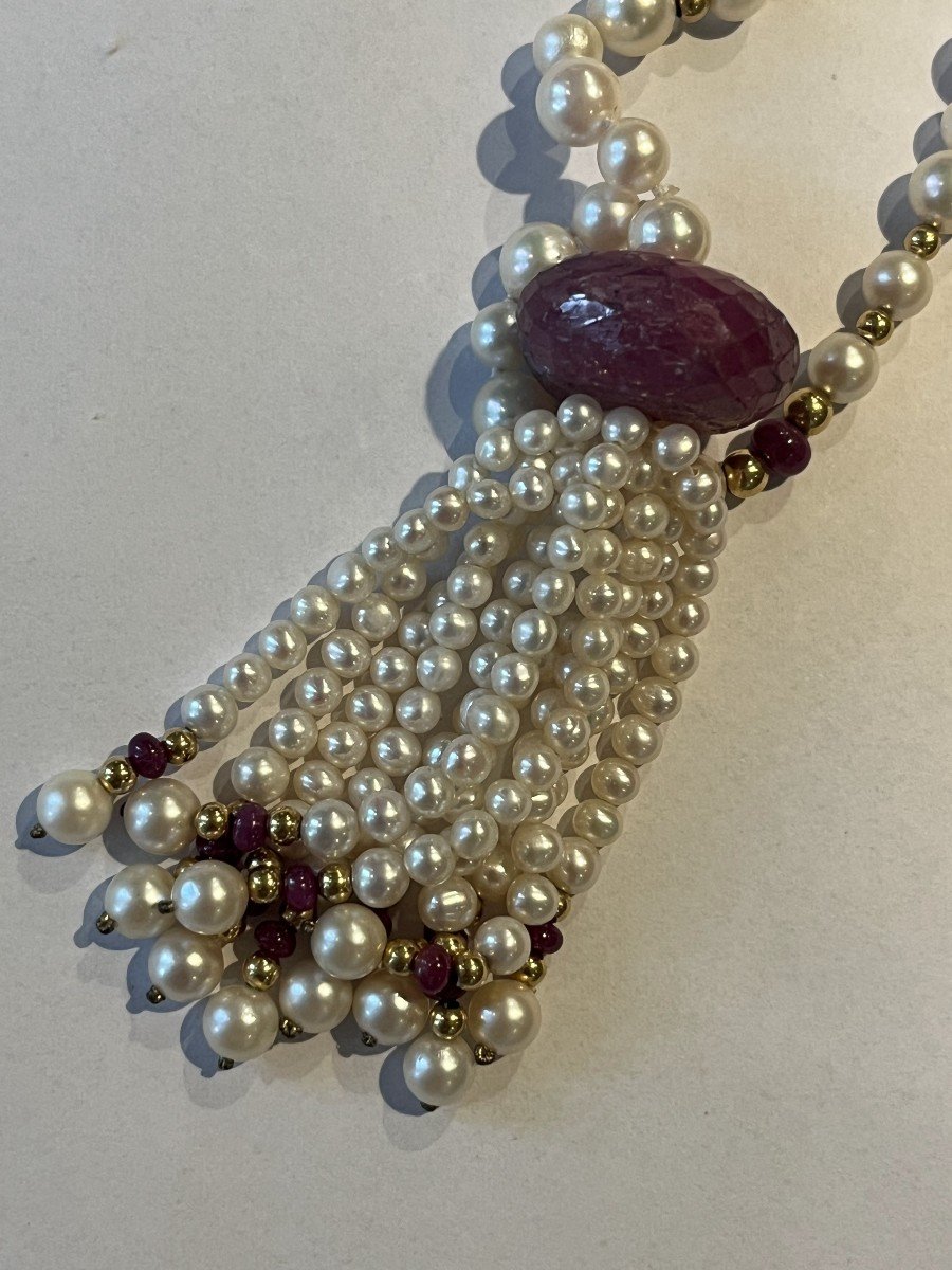 5928- Ruby Pearl Pompom Necklace Yellow Gold