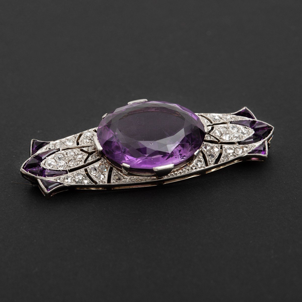 5905- Broche Pendentif Art Deco Platine Or Gris Améthystes-photo-4