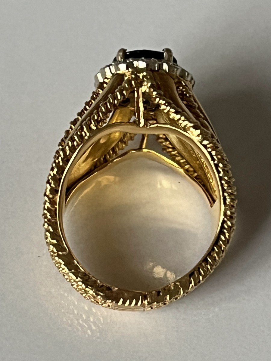 5966- Importante Bague Or Jaune Saphir Diamants-photo-4